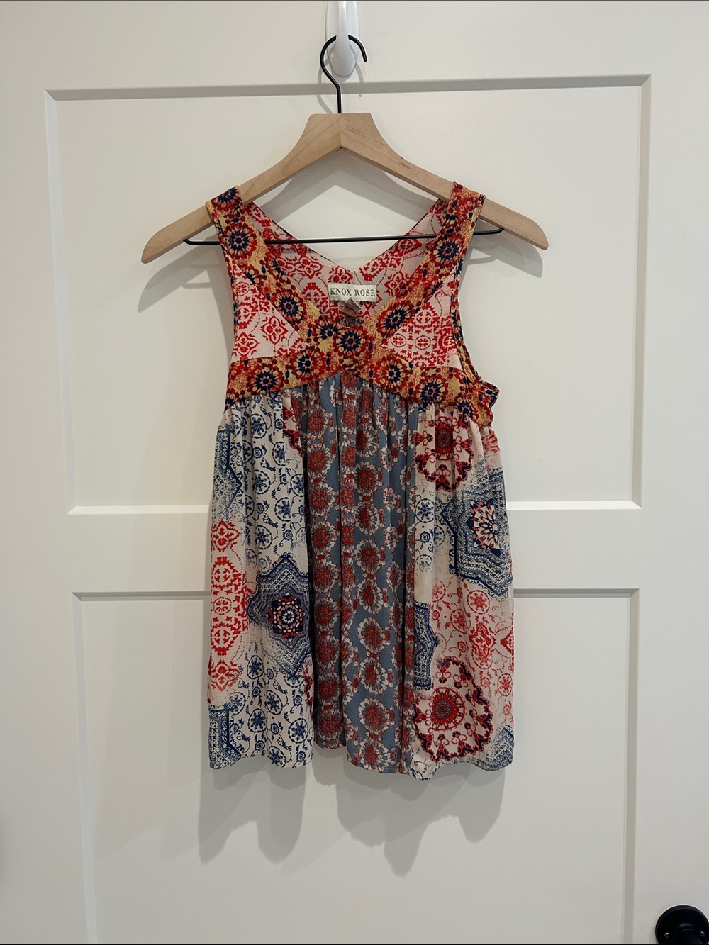 Knox Rose XS Boho Patchwork Mixed Print Sleeveless Flowy Top